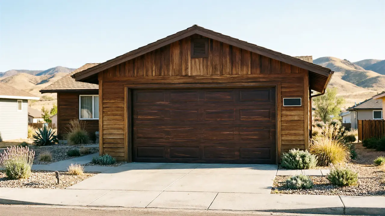 The house has a dark wood garage door and siding, with mountains in the background.