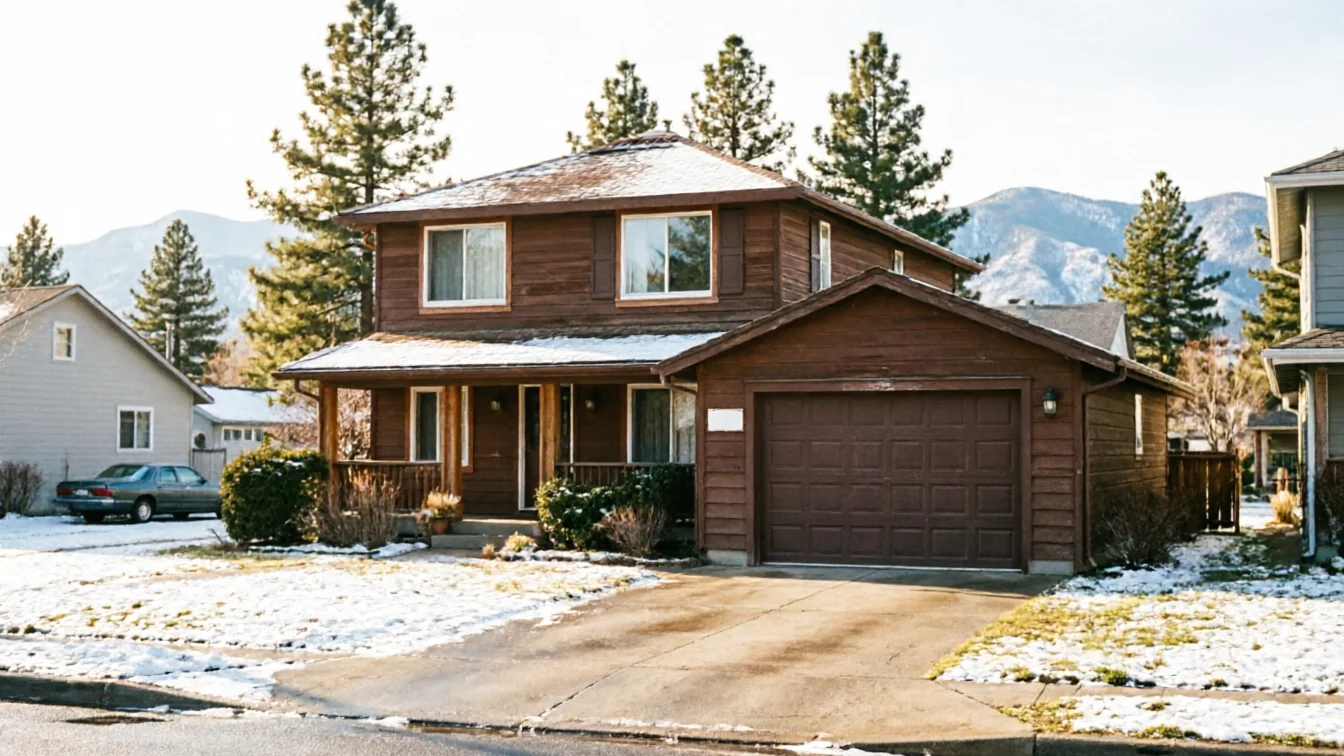 A brown house with a brown garage door and snow on the ground.