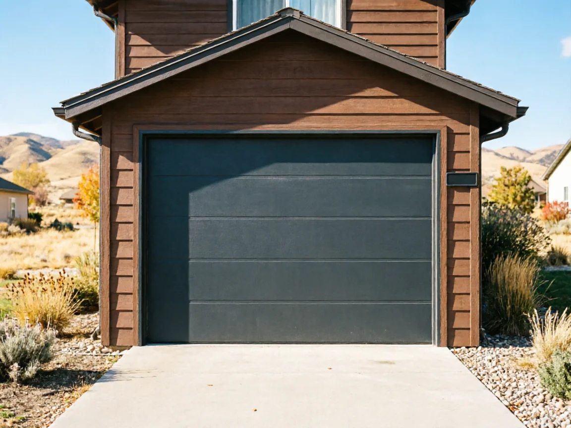 A dark gray garage door is on a brown house with a concrete driveway.