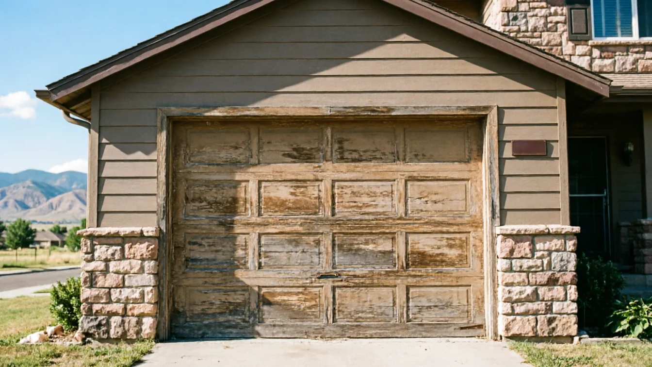 The house has a weathered garage door with peeling paint and stone accents.