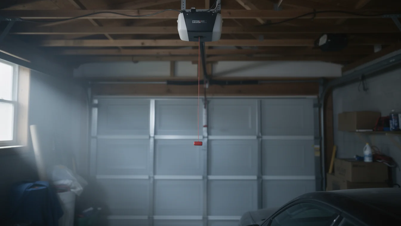 A garage door opener hangs from the ceiling with a red emergency release cord.