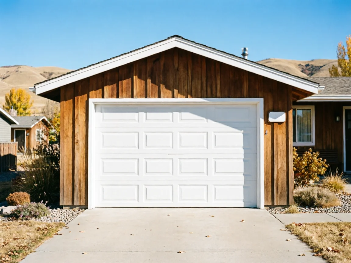A white paneled garage door is on a brown wooden house with a concrete driveway.