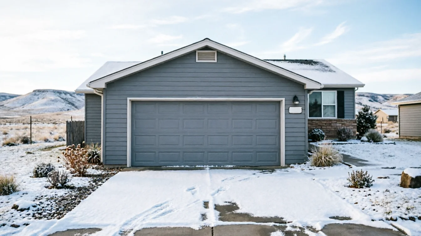 A gray house with a gray garage door and a snow-covered driveway.